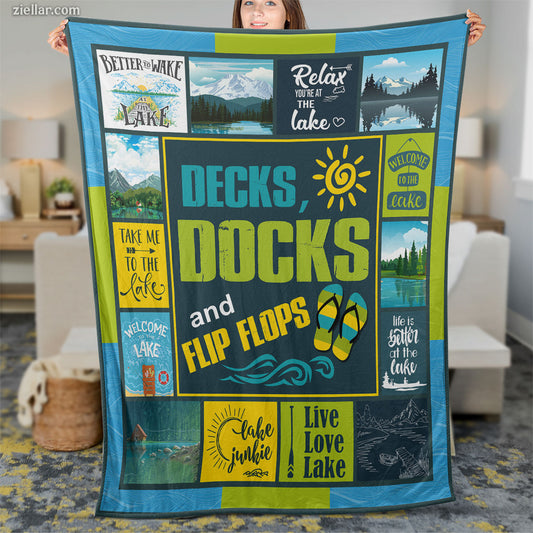 Decks Docks and Flip Flops Quilt Blanket, Fleece Blanket with Summer Lake Life and Relaxing Quotes