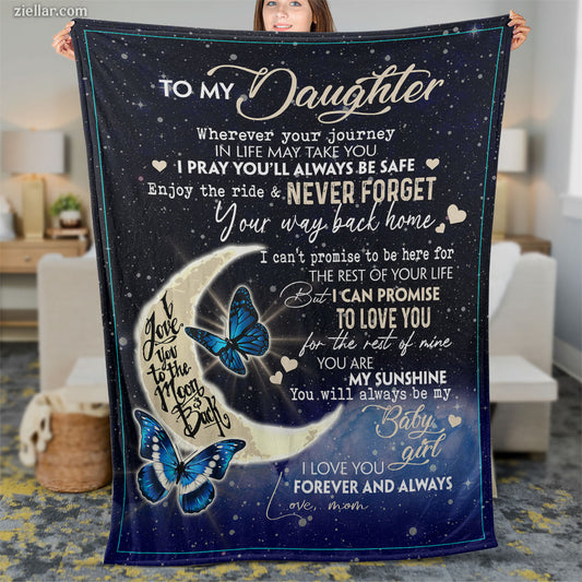 To My Daughter Quilt Blanket, Fleece Blanket Gift with Moon and Butterflies, Night Sky Design, Custome Name