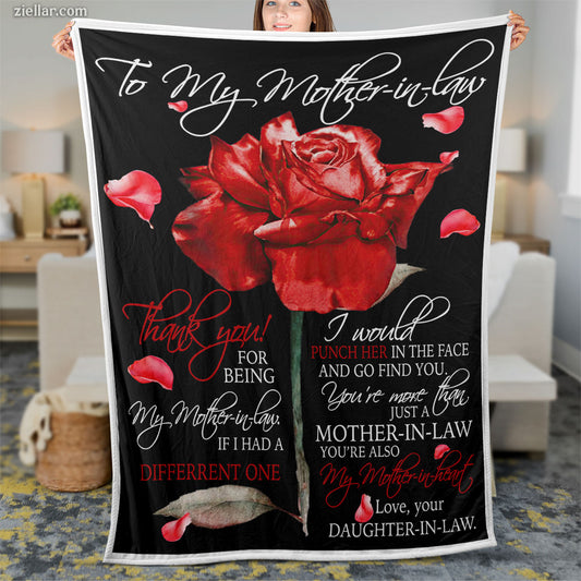 To My Mother-In-Law Quilt Blanket, Fleece Blanket Gift with Red Rose and Touching Message, Personalized