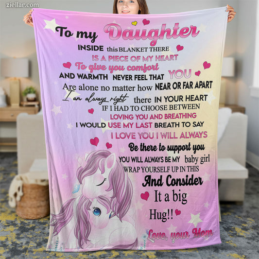 To My Daughter Quilt Blanket, Fleece Blanket Gift with Unicorn and Hug Poem from Mom, Custome Name