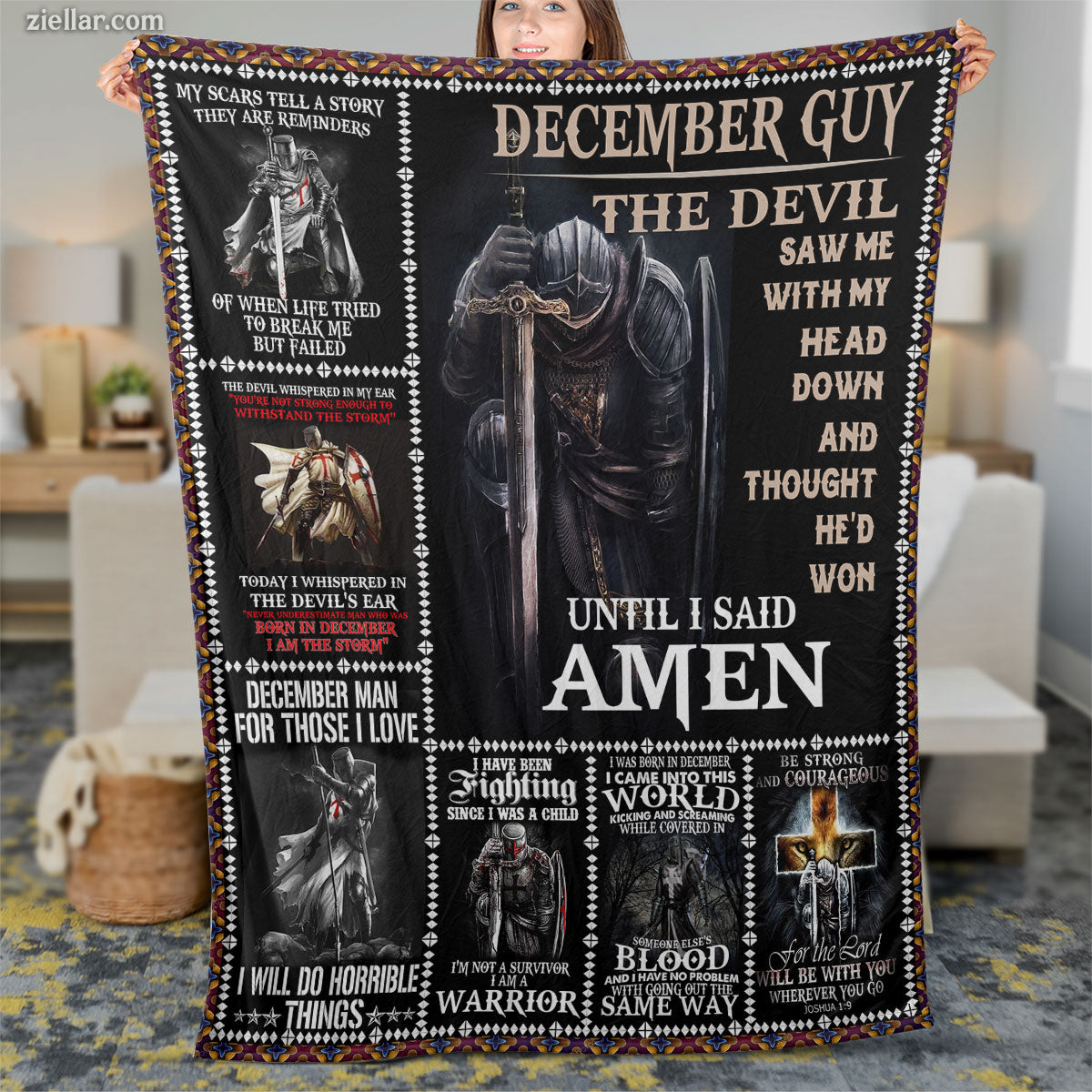 December Guy Quilt Blanket, Fleece Blanket with Warrior Skull, Black Theme, Birthday Zodiac Design