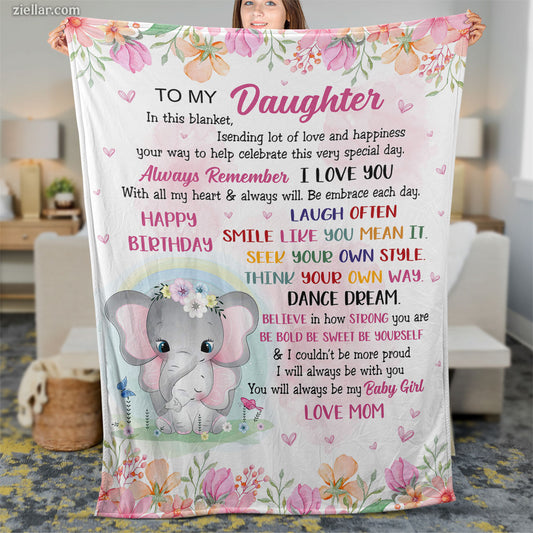 To My Daughter Quilt Blanket, Fleece Blanket Gift with Elephant and Flowers, Birthday Theme, Custome Name