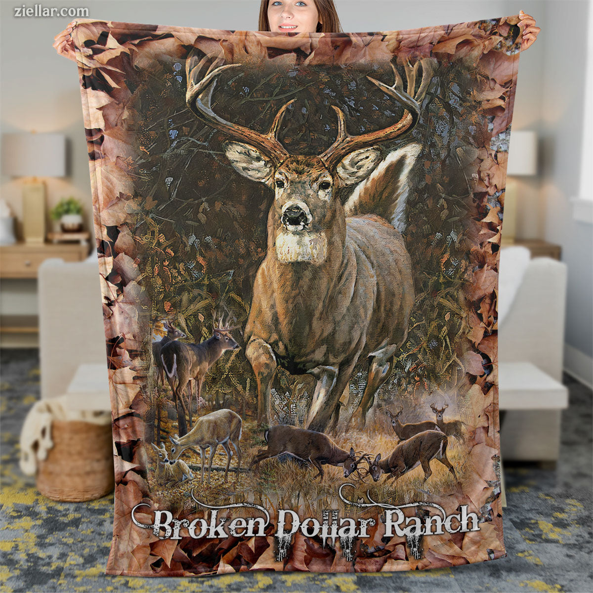 Broken Dollar Ranch Quilt Blanket, Fleece Blanket with Deer and Autumn Leaves, Western Forest Theme