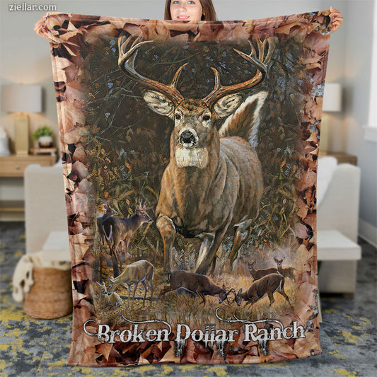 Broken Dollar Ranch Quilt Blanket, Fleece Blanket with Deer and Autumn Leaves, Western Forest Theme