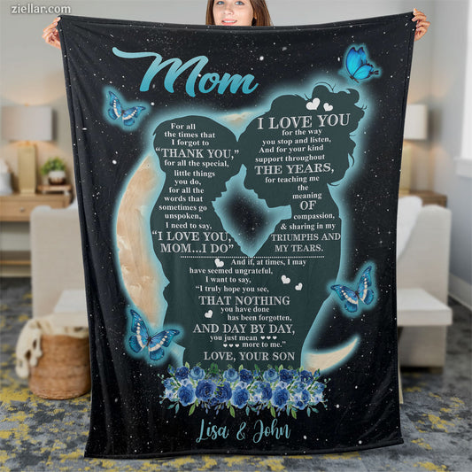 To My Mom Quilt Blanket, Fleece Blanket Gift with Heart and Blue Butterflies, Starry Sky, Custome Name