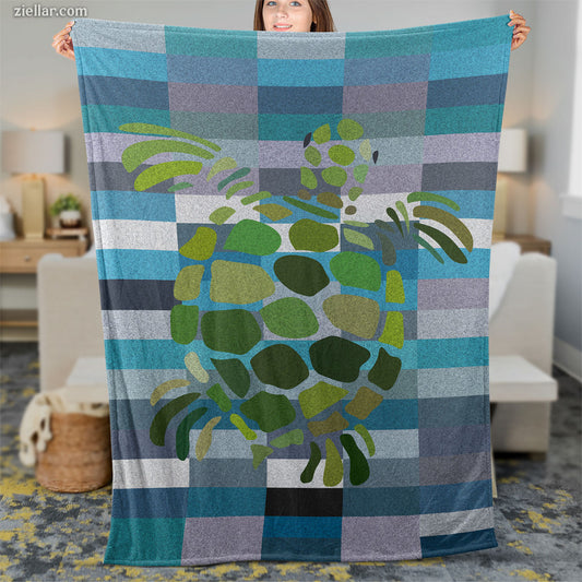 Sea Turtle Quilt Blanket, Fleece Blanket Ocean Animal Green Turtle Art Blue Plaid Design