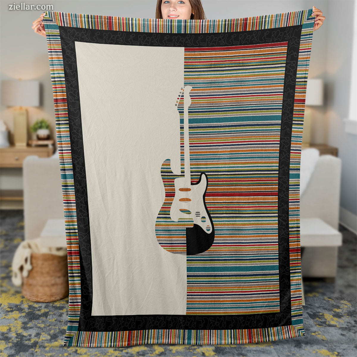 Guitar Music Lover Quilt Blanket, Fleece Blanket Vintage Stripe Musical Art Home Decor