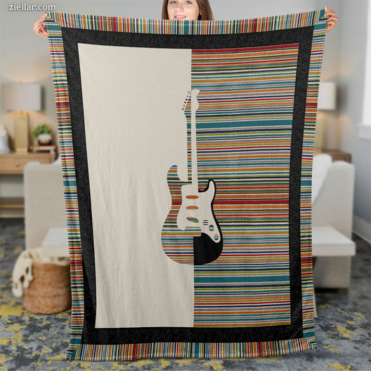 Guitar Music Lover Quilt Blanket, Fleece Blanket Vintage Stripe Musical Art Home Decor