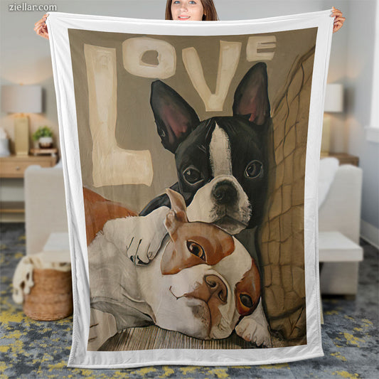 Boston Terrier Love Quilt Blanket, Fleece Blanket Cute Dog Couple Art, Neutral Colors