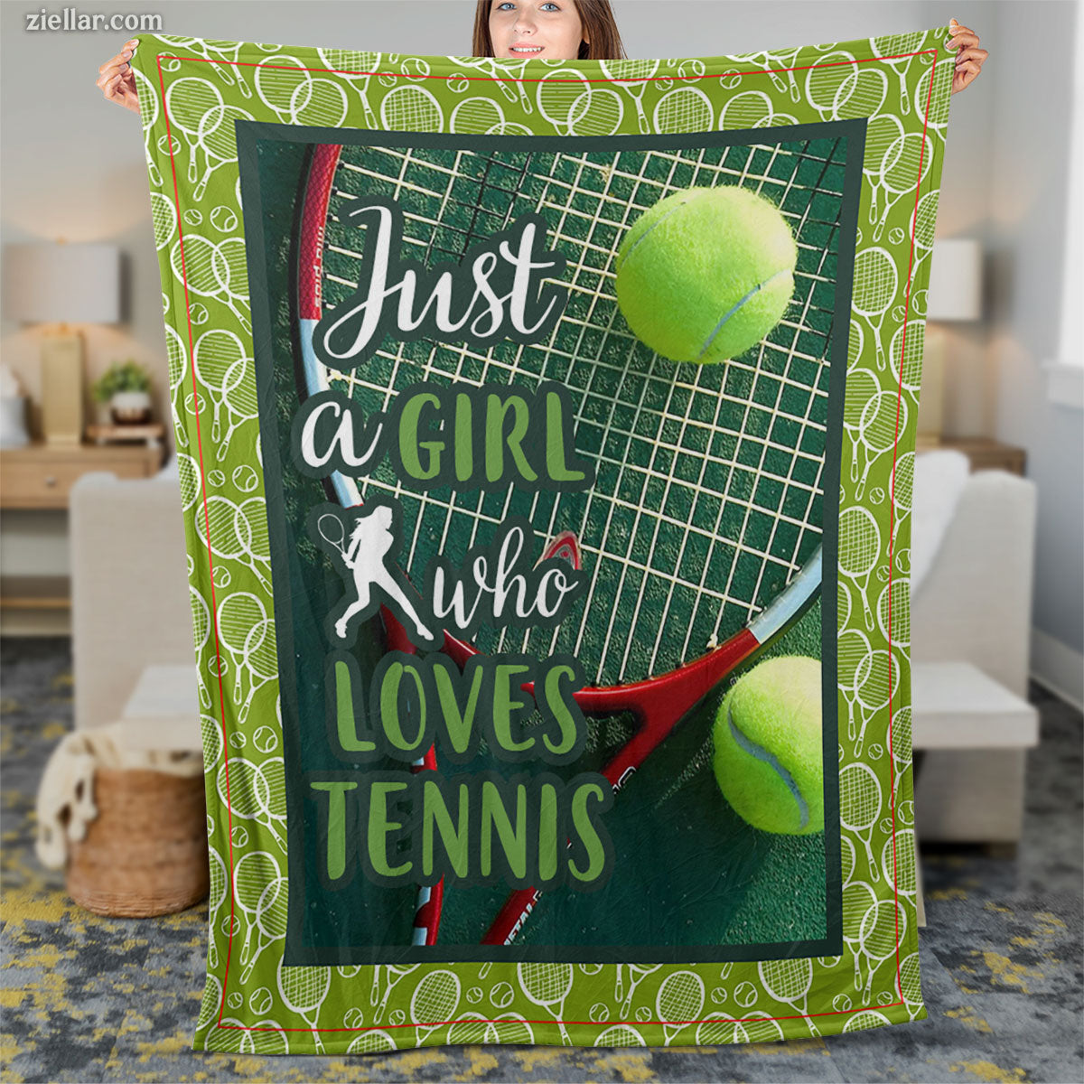 Just a Girl Who Loves Tennis Quilt Blanket, Fleece Blanket Sporty Green Court Design Gift