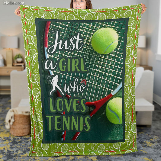 Just a Girl Who Loves Tennis Quilt Blanket, Fleece Blanket Sporty Green Court Design Gift
