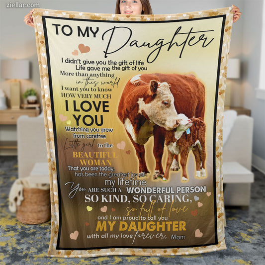 To My Daughter Quilt Blanket, Fleece Blanket Cow Farm Animal Theme Gift, Custome Name Option