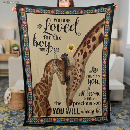 You Are Loved Quilt Blanket, Fleece Blanket for Son with Giraffe Theme, Custome Name Gift