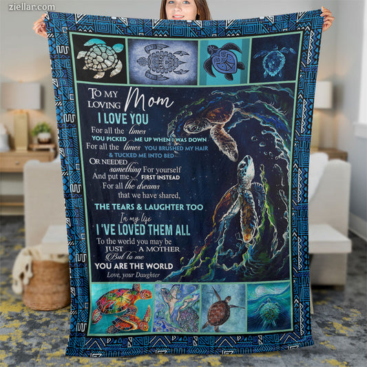 To My Mom Quilt Blanket, Fleece Blanket Gift from Son with Ocean Turtle Theme, Personalized