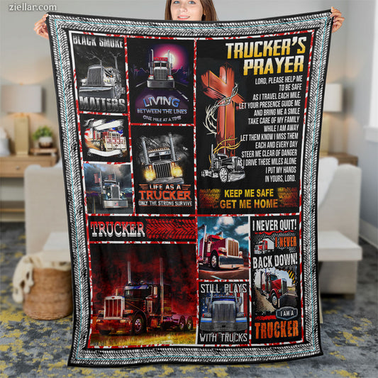Trucker's Life Quilt Blanket, Fleece Blanket Truck Driving Patriotic Red Black Collage Gift