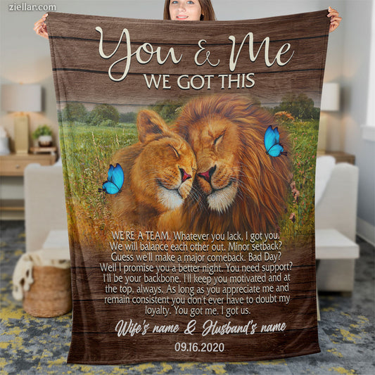 You & Me Quilt Blanket, Fleece Blanket Lion Couple with Butterflies Romantic Gift for Wife