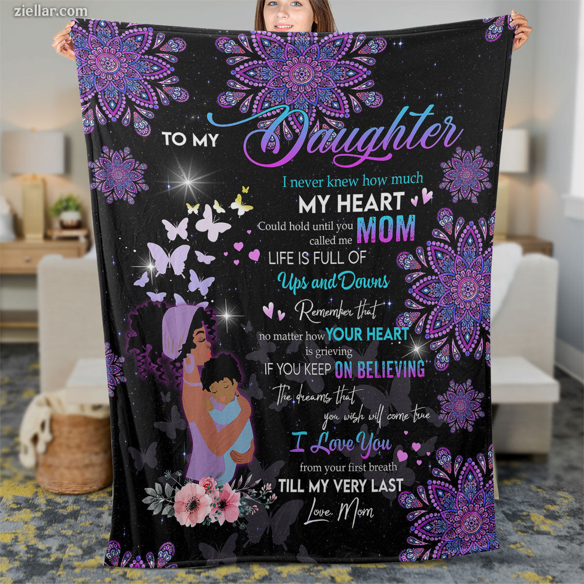 To My Daughter Quilt Blanket, Fleece Blanket Purple Mandala Art Gift from Mom, Custome Name