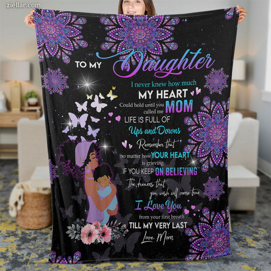To My Daughter Quilt Blanket, Fleece Blanket Purple Mandala Art Gift from Mom, Custome Name