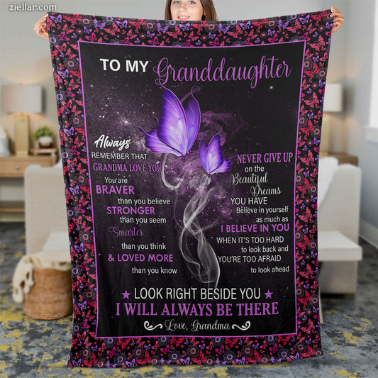 To My Granddaughter Quilt Blanket, Fleece Blanket Purple Butterfly Theme, Custome Name Gift