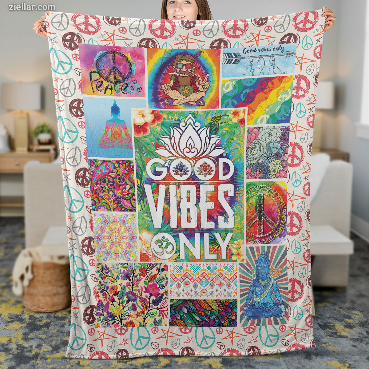 Good Vibes Only Quilt Blanket, Fleece Blanket Colorful Hippie Boho Art with Peace and Love