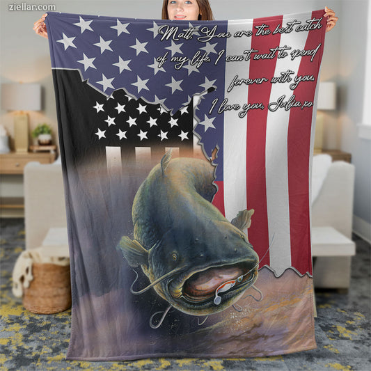 American Flag Catfish Quilt Blanket, Fleece Blanket Patriotic Fishing Gift for Men