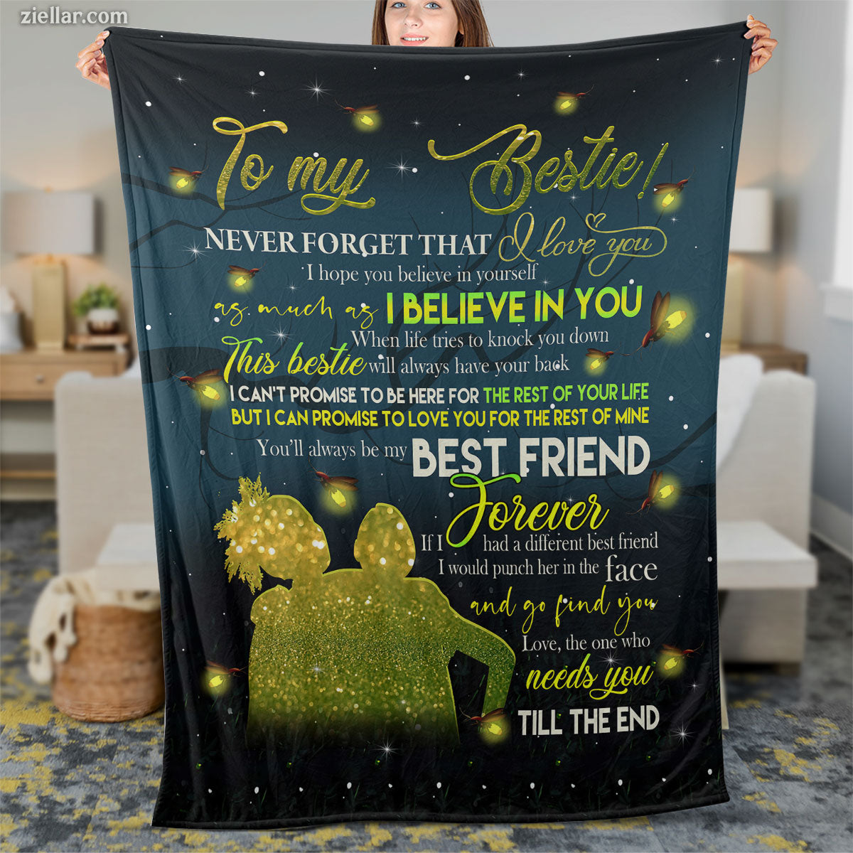 To My Bestie Quilt Blanket, Fleece Blanket Gift for Best Friend with Bear and Fireflies, Personalized