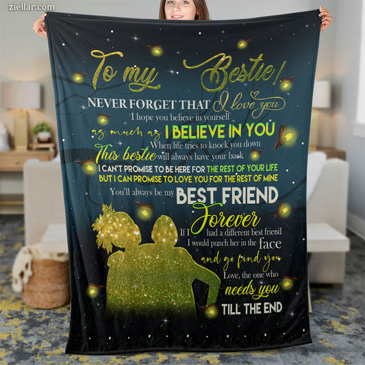 To My Bestie Quilt Blanket, Fleece Blanket Gift for Best Friend with Bear and Fireflies, Personalized