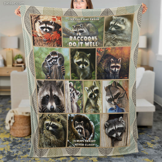 Raccoon Collage Quilt Blanket, Fleece Blanket Forest Animal Lover Gift Wildlife Photography Art