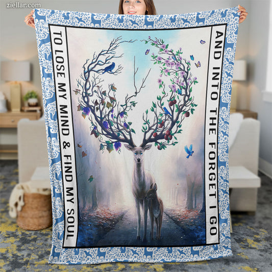 Deer Spirit Quilt Blanket, Fleece Blanket Inspirational Forest Design with Tree of Life
