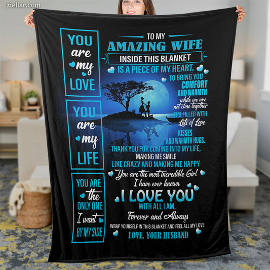 To My Amazing Wife Quilt Blanket, Fleece Blanket Romantic Blue Ocean Theme, Custome Name Gift