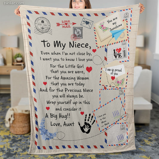 To My Niece Quilt Blanket, Fleece Blanket Cute Airmail Letter and Heart Theme Gift, Custome Name