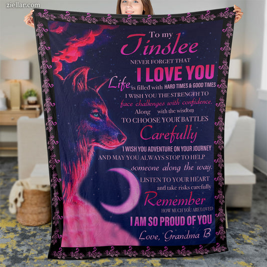 To My Jinslee Quilt Blanket, Fleece Blanket Purple Moon Theme Gift for Daughter, Personalized Name