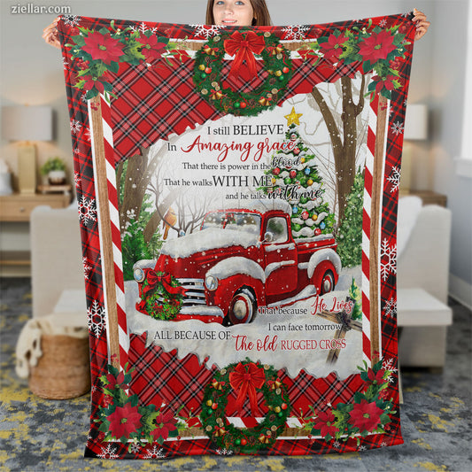 Merry Christmas Quilt Blanket, Fleece Blanket Red Plaid Truck Tree Winter Holiday Design