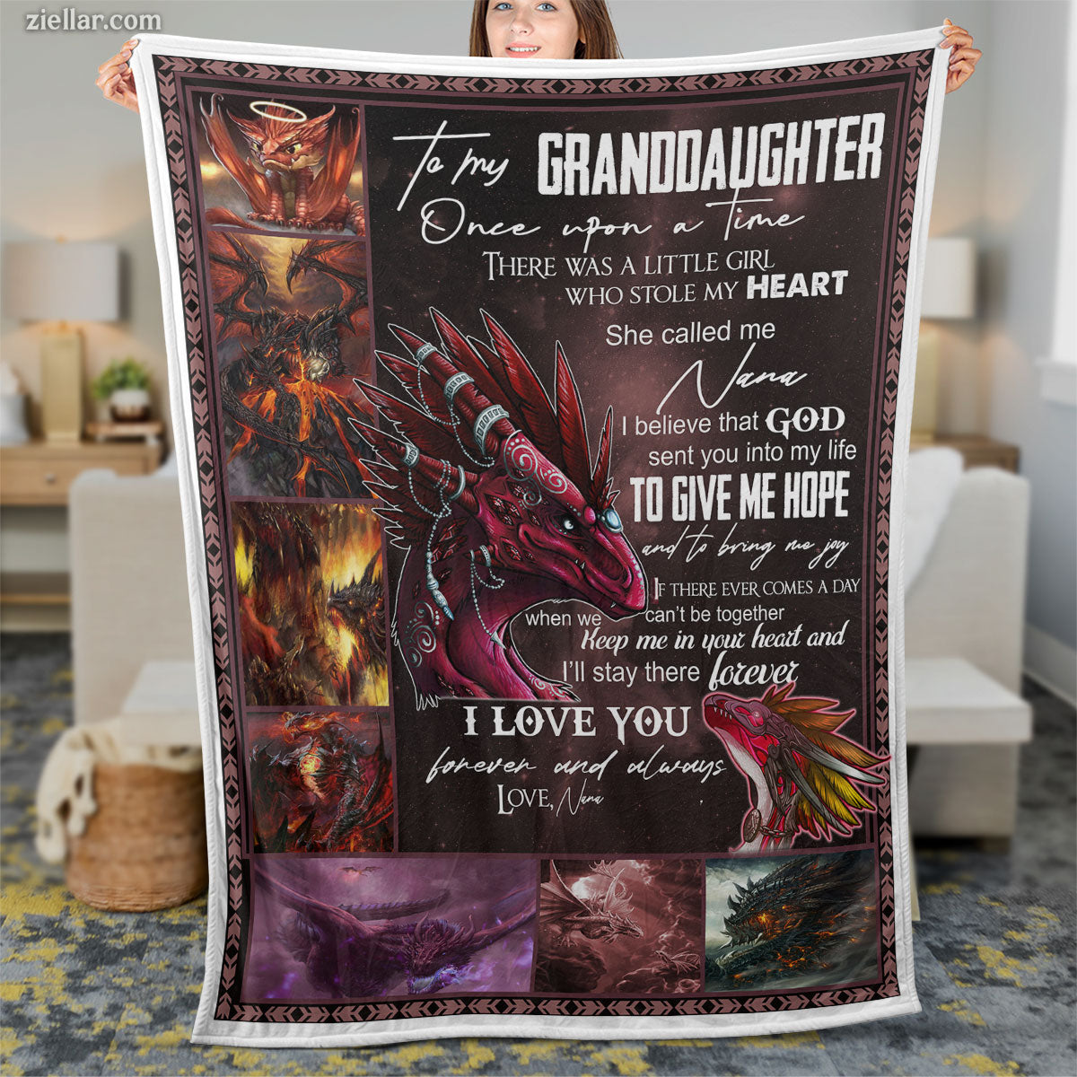 To My Granddaughter Quilt Blanket, Fleece Blanket Dragon and Fire Fantasy Art, Custome Name Gift