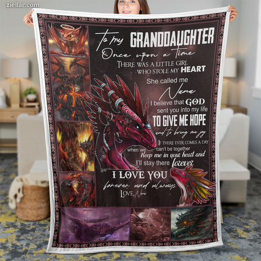 To My Granddaughter Quilt Blanket, Fleece Blanket Dragon and Fire Fantasy Art, Custome Name Gift