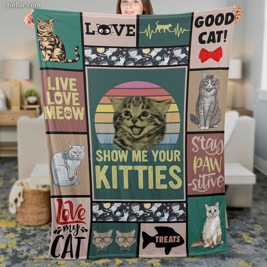 Show Me Your Kitties Quilt Blanket, Fleece Blanket Cat Lover Collage Gift with Cute Sayings