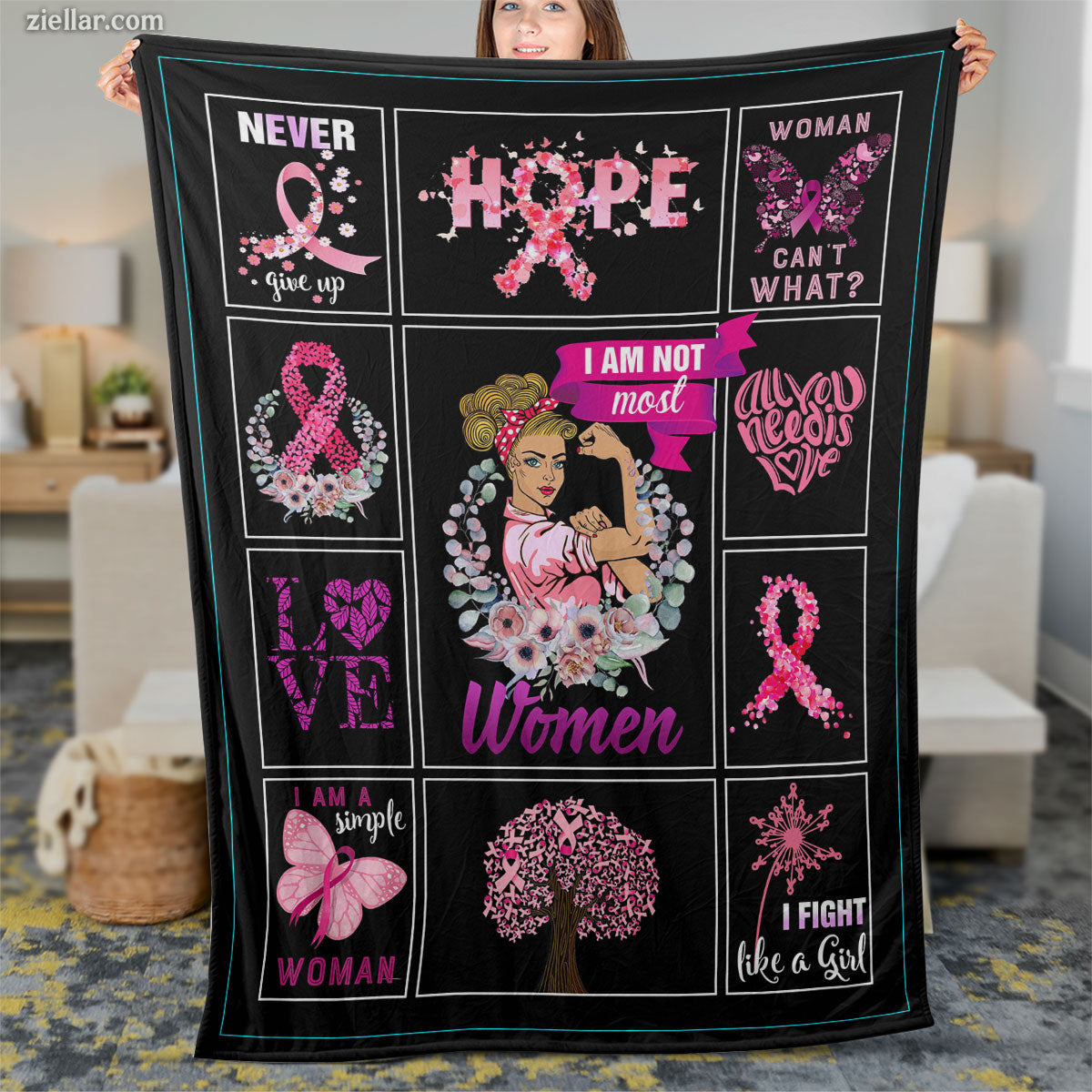 Breast Cancer Awareness Quilt Blanket, Fleece Blanket Hope Fight Like a Girl Ribbon Gift
