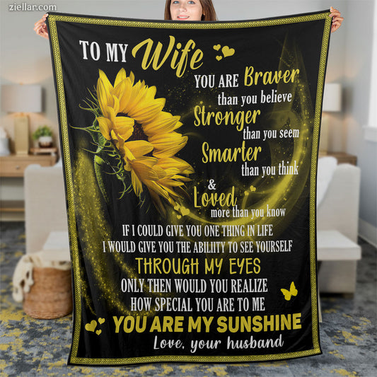 To My Wife Quilt Blanket, Fleece Blanket Sunflower Gift from Husband with Heartfelt Words, Personalized