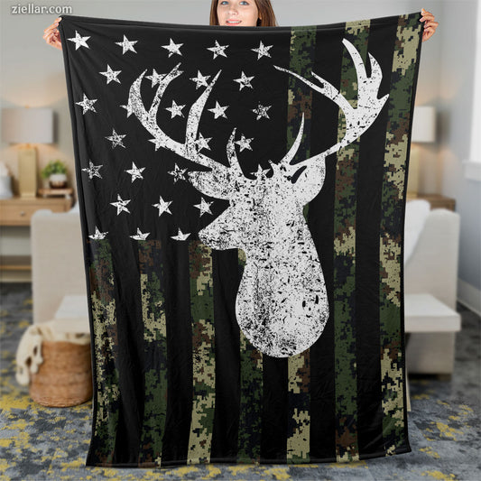 Deer American Flag Quilt Blanket, Fleece Blanket Rustic Buck and Stars Outdoor Theme Gift
