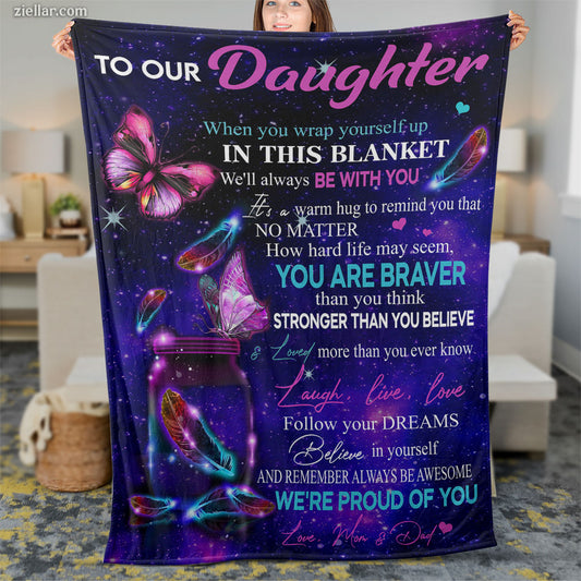 To Our Daughter Quilt Blanket, Fleece Blanket Butterfly Galaxy Gift from Parents, Custome Name
