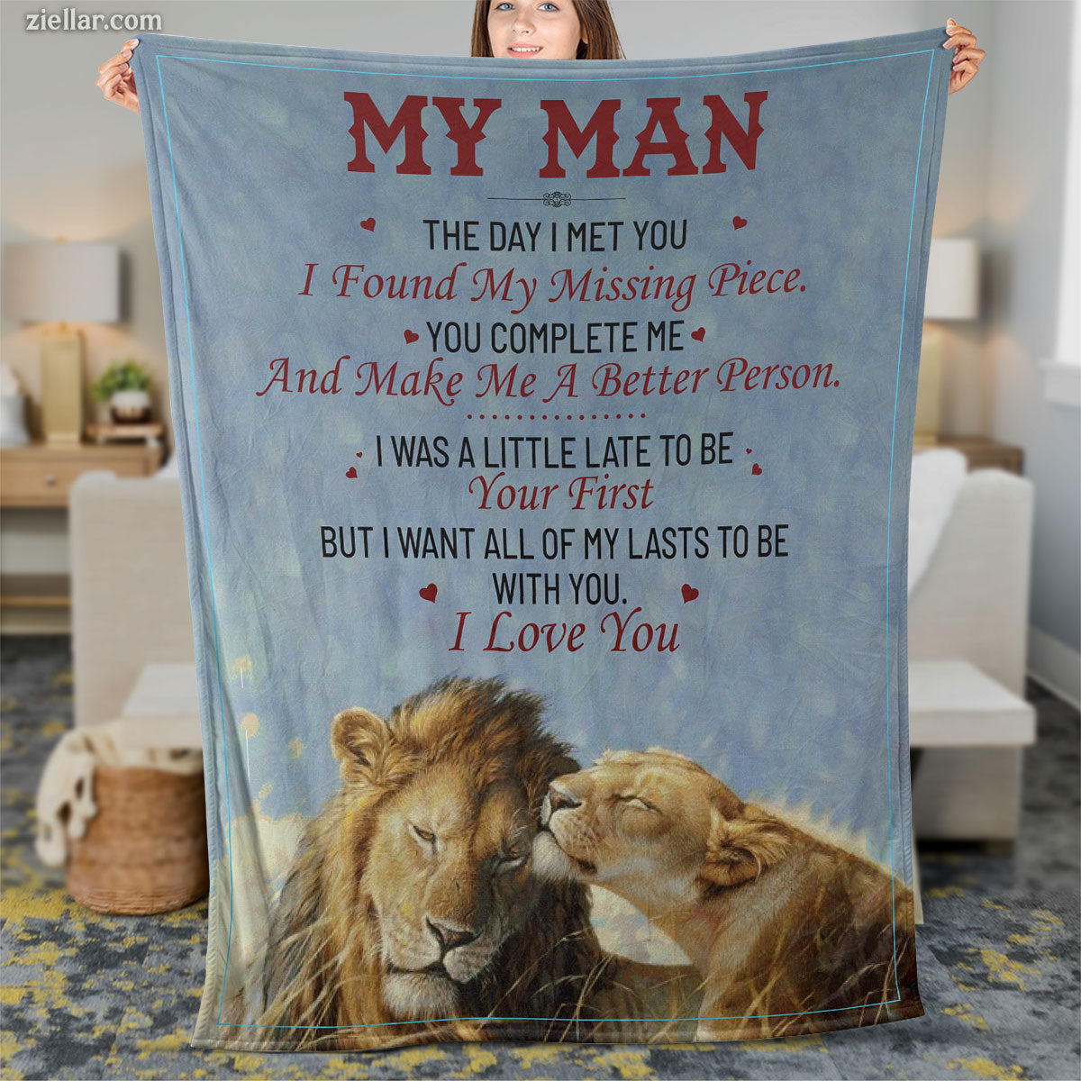 To My Man Quilt Blanket, Fleece Blanket Romantic Lion Gift for Husband or Boyfriend