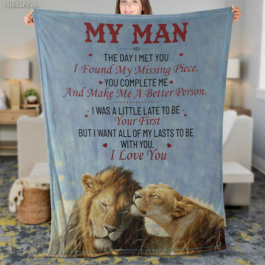 To My Man Quilt Blanket, Fleece Blanket Romantic Lion Gift for Husband or Boyfriend