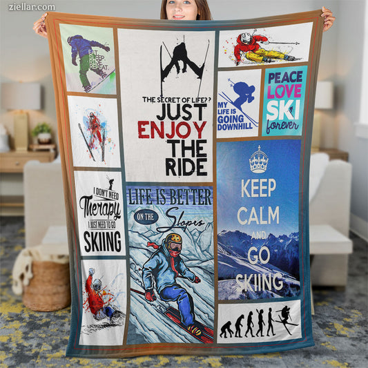 Skiing Lover Quilt Blanket, Fleece Blanket Vintage Winter Sports Poster Style Design