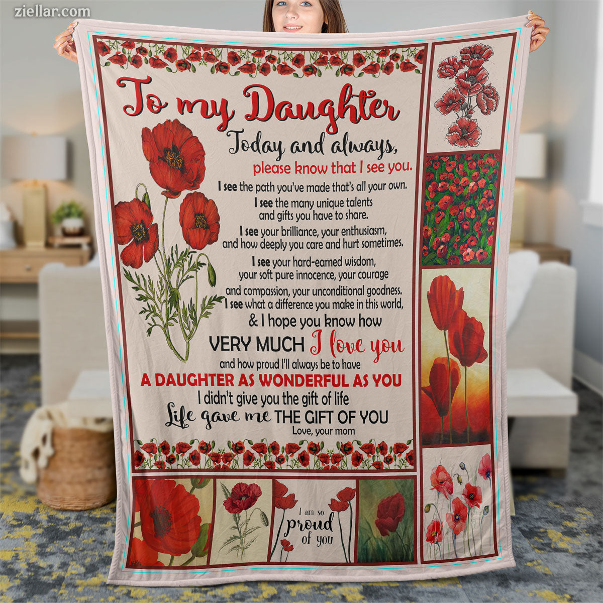 To My Daughter Quilt Blanket, Fleece Blanket Red Poppy Flower Design Gift, Custome Name Option