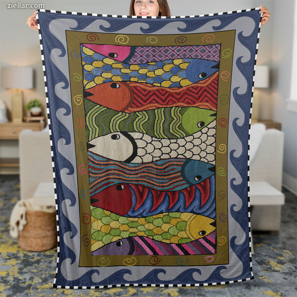 Colorful Fish Quilt Blanket, Fleece Blanket Artistic Ocean Animal Theme Decorative Design