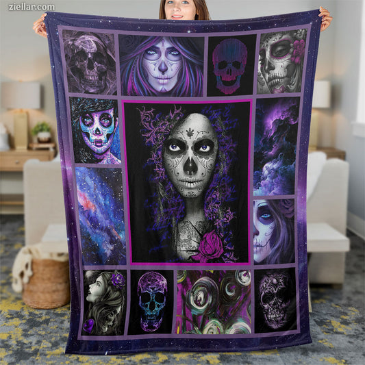 Purple Skull Galaxy Quilt Blanket, Fleece Blanket for Gothic Lovers with Cosmic Skulls Design