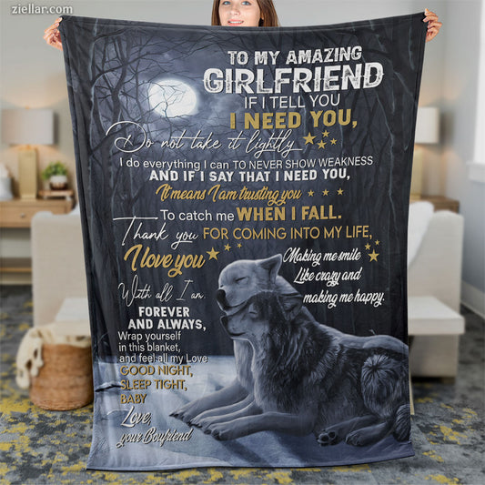 To My Amazing Girlfriend Quilt Blanket, Fleece Blanket Wolf Night Sky Theme, Custome Name