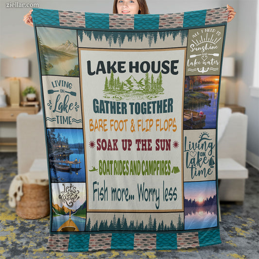 Lake House Rules Quilt Blanket, Fleece Blanket Rustic Cabin Decor with Lake Quotes Design