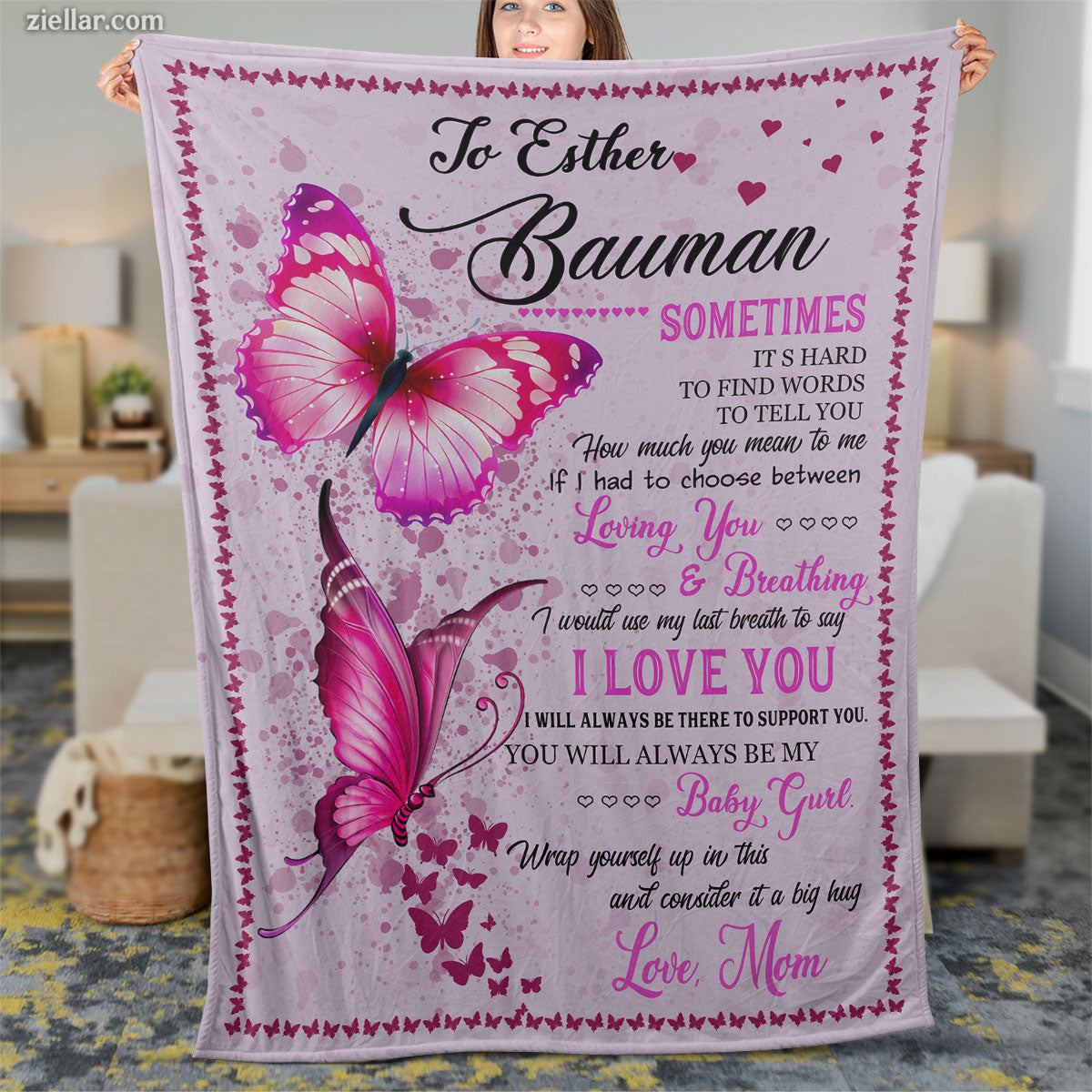 To Esther Bauman Quilt Blanket, Fleece Blanket Butterfly Gift with Pink Theme, Custome Name