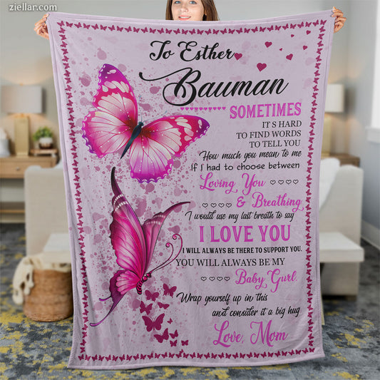 To Esther Bauman Quilt Blanket, Fleece Blanket Butterfly Gift with Pink Theme, Custome Name